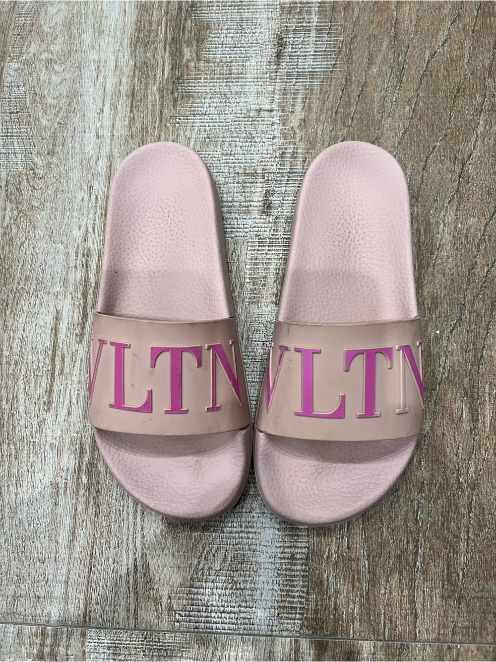 Valentino Pink and Nude VLTN Logo Slide Sandals